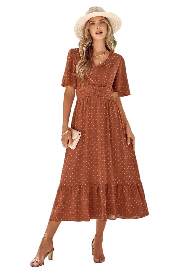 Women V Neck Summer Dress Ruffle Sleeves Dot Boho Flowy Beach Long Maxi Cocktail Dresses Brick red M