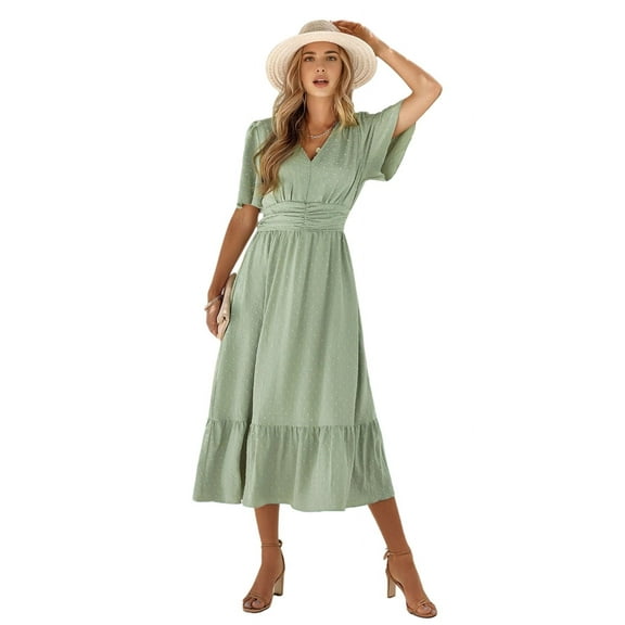 Women V Neck Summer Dress Ruffle Sleeves Dot Boho Flowy Beach Long Maxi Cocktail Dresses Light green M