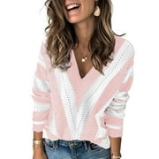 Women V Neck Sweater Long Sleeve Ripped Knitted Stripe Pullover Stripe Pink L