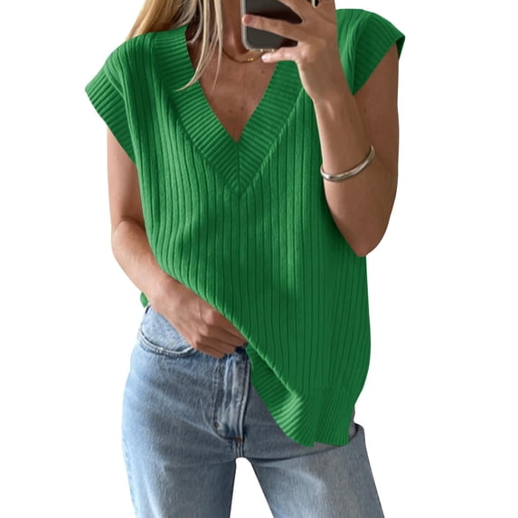 Women V Neck Sweater Vest Knitted Sleeveless Casual Loose Pullover Vest