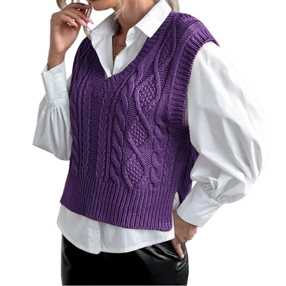 Women V Neck Sweater Vest Sleeveless Knit Solid Casual Ribbed Preppy Pullover Tops