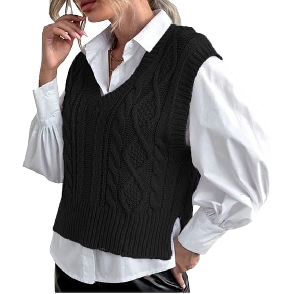 Women V Neck Sweater Vest Sleeveless Knit Solid Casual Ribbed Preppy Pullover Tops