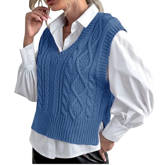 Women V Neck Sweater Vest Sleeveless Knit Solid Casual Ribbed Preppy Pullover Tops