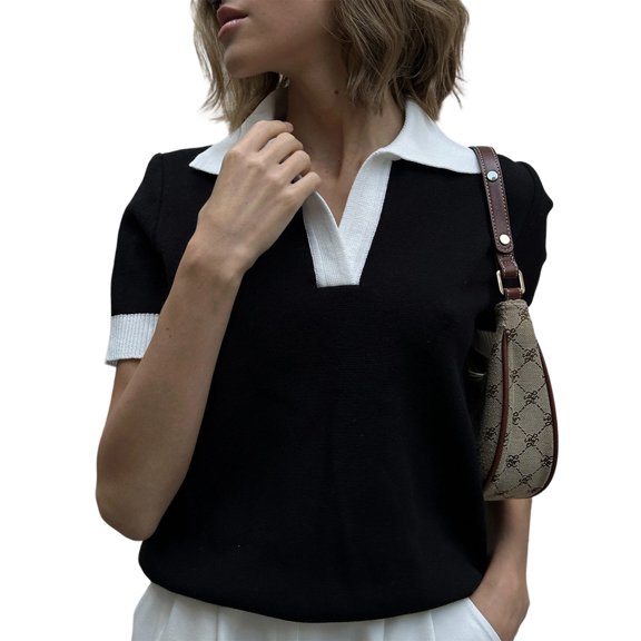 Women V Neck Sweaters Dressy Casual Short Sleeve Sweater Slim Fit Knit Tops