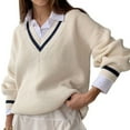thumbnail image 1 of Women V Neck Sweaters Long Sleeve Light-Weight Knit Pullover Tops White XXXL, 1 of 8