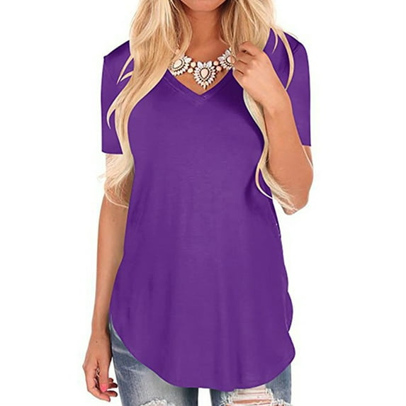 Women V Neck T Shirt Short Sleeve Tunic Blouse Tops Summer Beach Casual Loose Swallowtail Hem T-Shirt Ladies Plain Pullover Tee