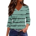 thumbnail image 1 of Women V Neck T Shirts Trendy Graphic 3/4 Sleeve Tops Comfortable Soft Tees Classic Loose Dressy Summer Shirts Turquoise XL, 1 of 5