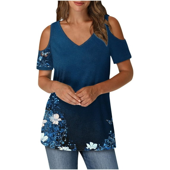 Women V Neck Tee Shirts Cold Shoulder T Shirts Solid Color Tunic Plus Size Lightweight Blouse Women Summer Clearance Sale Clothing