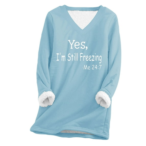 Women V Neck Thermal Tunic Tops wear with Leggings Sherpa Fleece Lined Freezing Funny Letter Printed Warm Pullovers (Large, Light Blue)