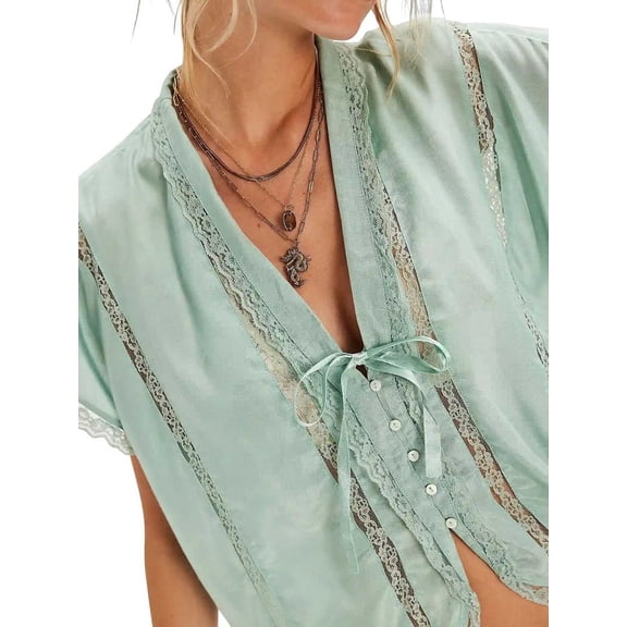 Women V Neck Tie Open Front Shirts Summer Oversized Button Down Blouses Casual Short Sleeve Lace Trim Shirt Tops Green S