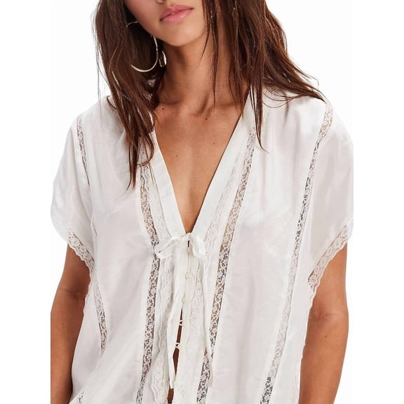 Women V Neck Tie Open Front Shirts Summer Oversized Button Down Blouses Casual Short Sleeve Lace Trim Shirt Tops White S
