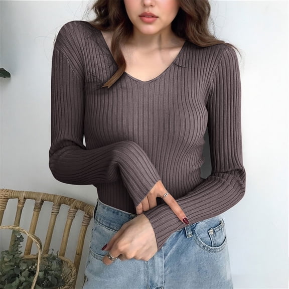 Women V Neck Tops Long Sleeve Solid Color Knitted Ribbed Sweater Casual Comfy Trendy Tunic Blouse Slim Fit (Free Size, Brown)