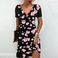 thumbnail image 1 of Women V Neck Tunic Dress Casual Loose Summer Drsses Floral Printed Lace Short Sleeve Flowy Swing Shift Dress, 1 of 5