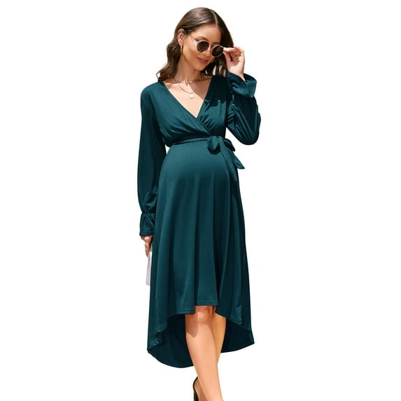 Women V Neck Wrap Maternity Dress Lantern Long Sleeve Tie High Waist A-Line Flowy Dress with Belt
