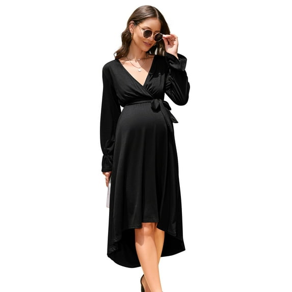 Women V Neck Wrap Maternity Dress Lantern Long Sleeve Tie High Waist A-Line Flowy Dress with Belt