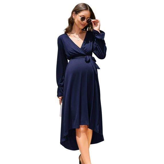 Women V Neck Wrap Maternity Dress Lantern Long Sleeve Tie High Waist A-Line Flowy Dress with Belt