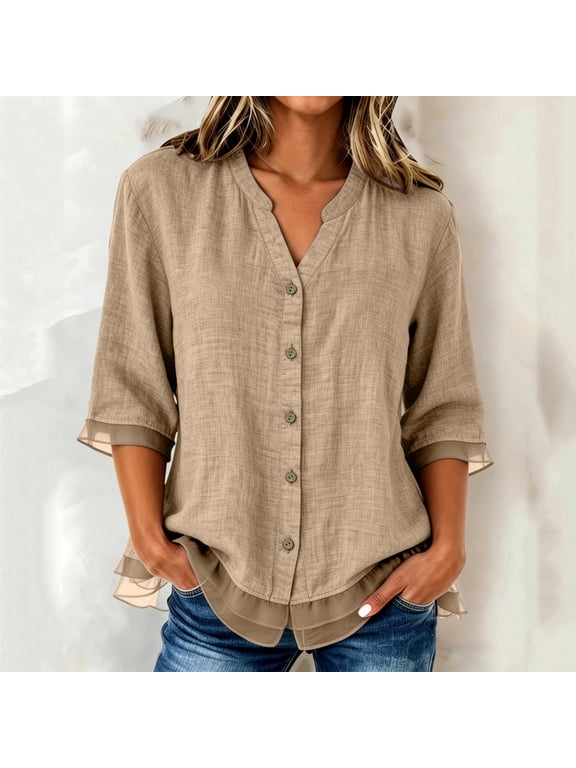 Women V Notch Neck Linen Blend Button Up Shirt, 3/4 Sleeve Chiffon Ruffle Hem Loose Casual Blouse Top for Summer Vacation Office Beach Travel Khaki M