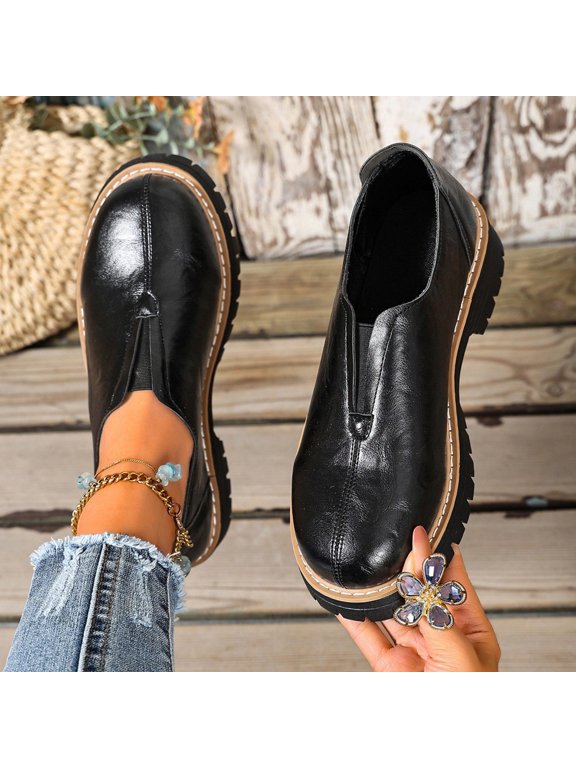 Women V Notch Slip On Platform Loafers, Round Toe No Lace Chunky Lug Sole Leather Shoes, Contrast Stitch Casual Work Flats Black 6.5(39)