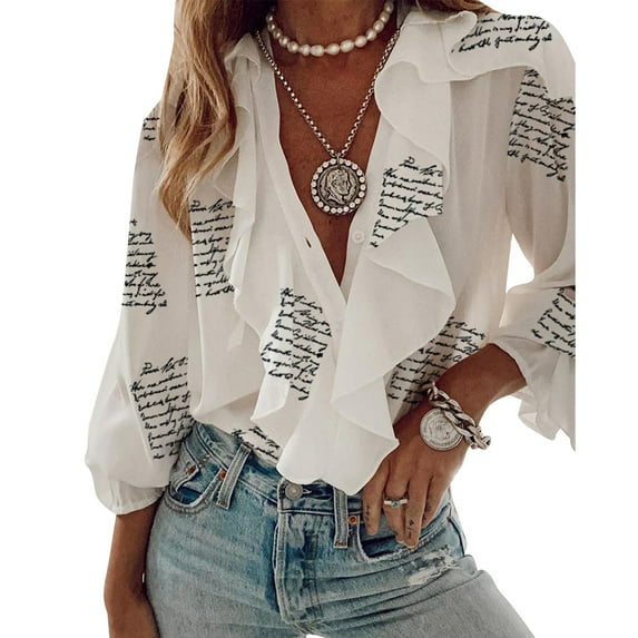 Women V-neck Boho Ruffle Chiffon Shirt Casual Long Sleeve Solid/Floral/Butterfly Button Blouse Fashion Loose Streetwear Tops