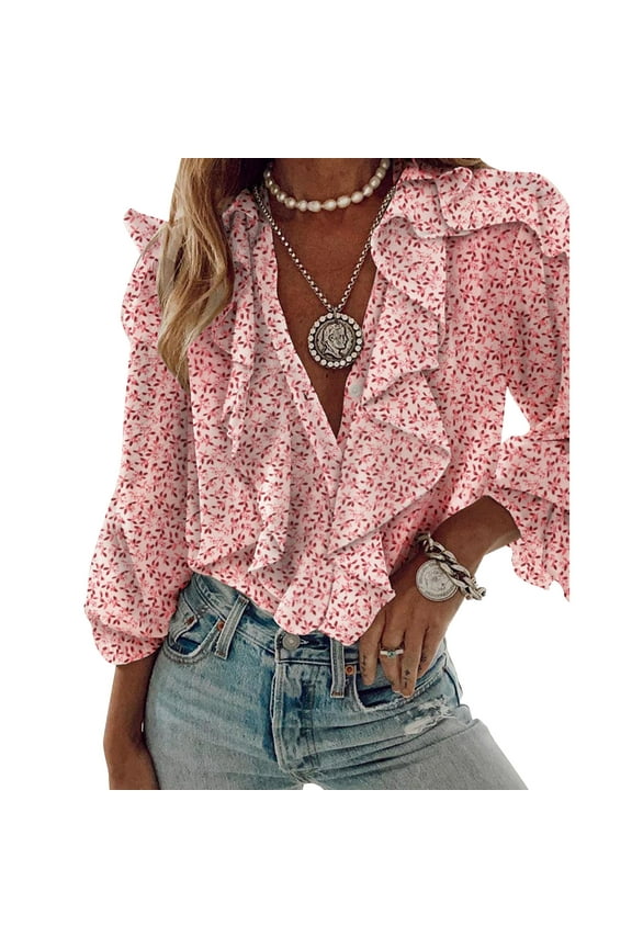 Women V-neck Boho Ruffle Chiffon Shirt Casual Long Sleeve Solid/Floral/Butterfly Button Blouse Fashion Loose Streetwear Tops