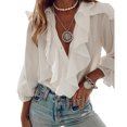 thumbnail image 1 of Women V-neck Boho Ruffle Chiffon Shirt Casual Long Sleeve Solid/Floral/Butterfly Button Blouse Fashion Loose Streetwear Tops, 1 of 8