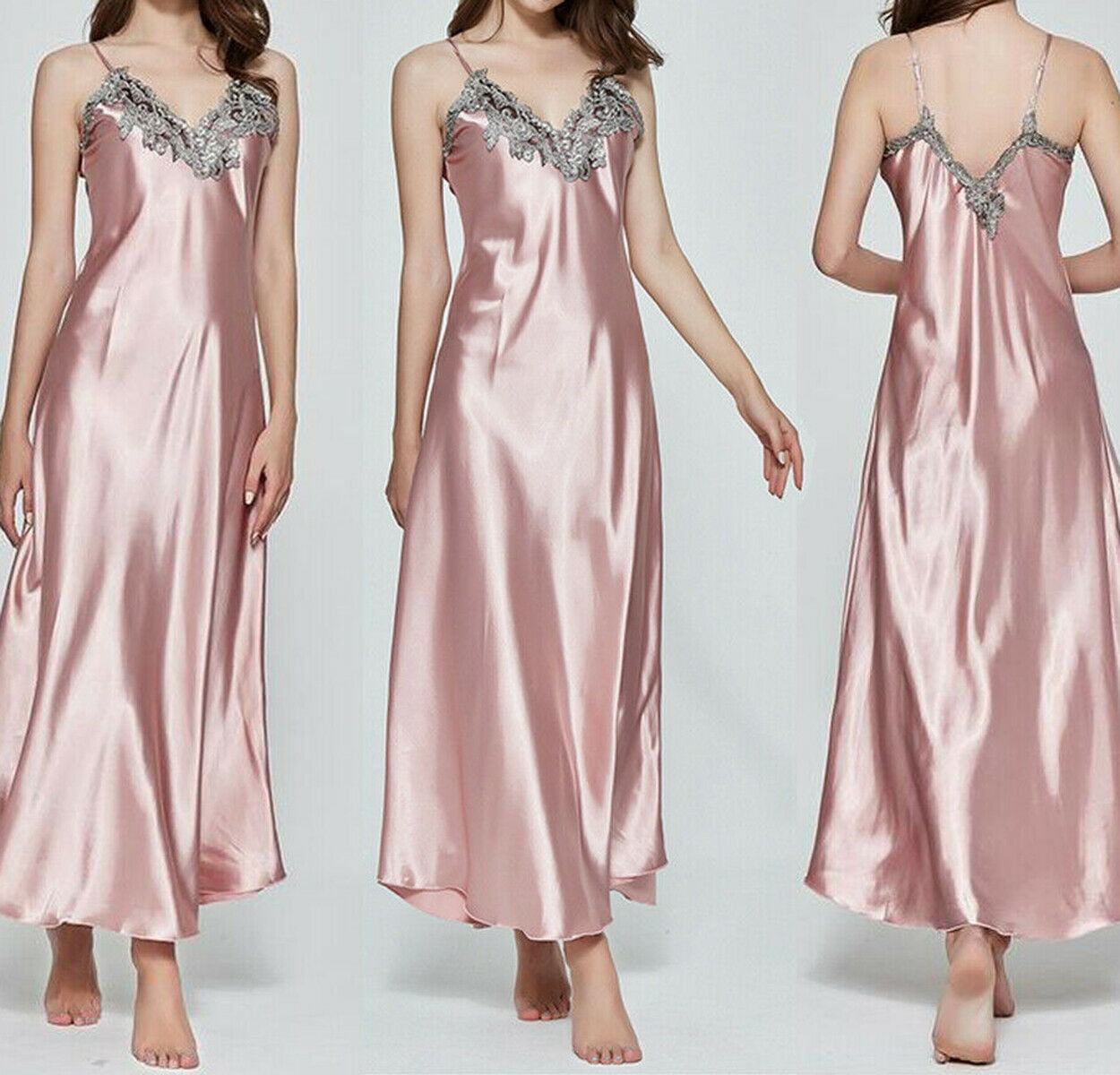 Women V-neck Satin Silk Lace Lingerie Night Dress Fashion Summer Nightgown  Sleepwear sundress Sleeveless strap Long dress