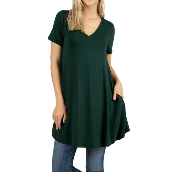 Women V-neck Short Sleeve Round Hem Flowy A-Line Tunic Top with Side Pockets