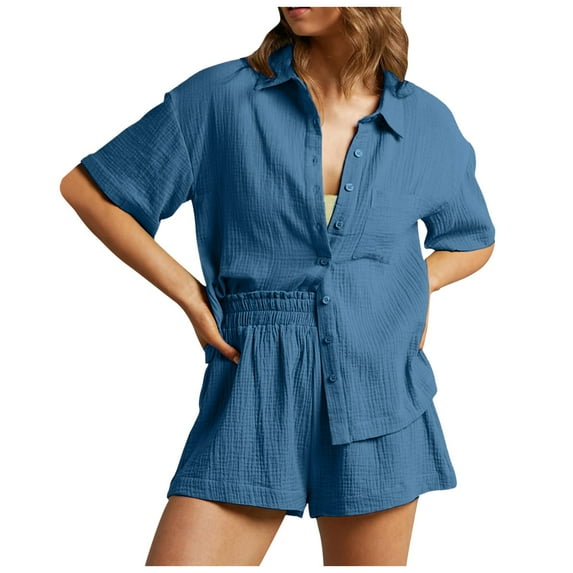 Women Vacation 2 Piece Set - Lapel Button Shirt & Shorts, Polyester Fabric, Short Sleeve, Bright Colors, Casual Daily/Summer Wear, S-L Sizes