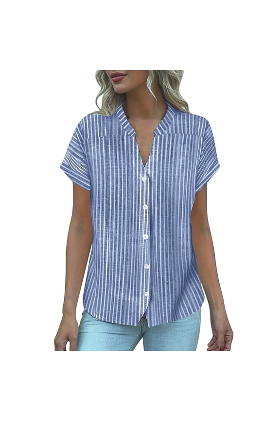 Women Vacation Beach Striped Shirts Casual V Neck Button Short Sleeve Cotton Linen Blouses Holiday Comfy Loose Color Block Tops