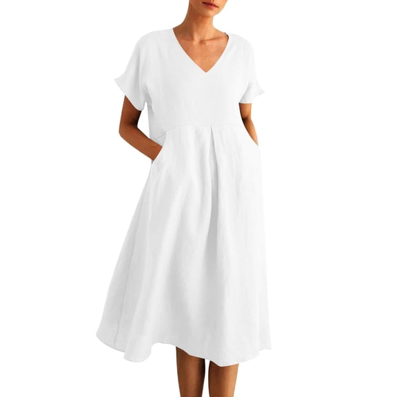 Women Vacation Casual T-shirt Dress Summer Travel V Neck Short Sleeve Beach Dress Trendy Loose Comfy Soft Solid Color Outfits