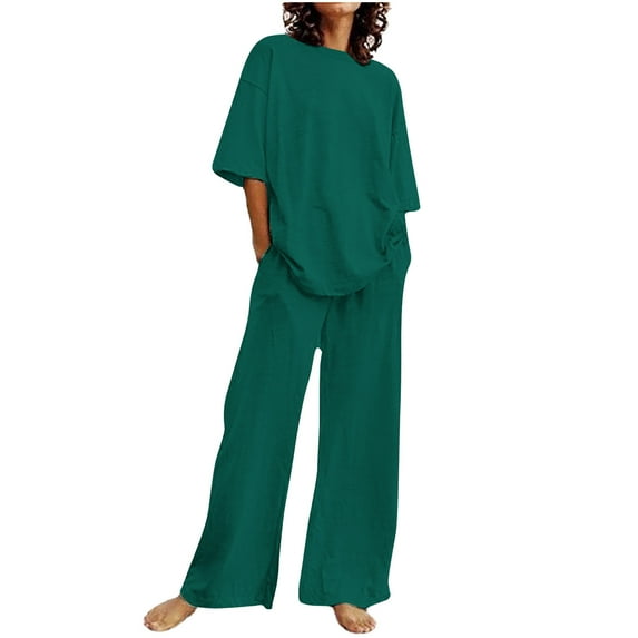 Women Vacation Clothing Set New Summer Women's Casual Shoulder Sleeved Short Sleeved Round Neck Tops/Loose Straight Tube with Pocket Long Pants Set Mint Green L
