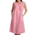thumbnail image 1 of Women Vacation Cotton Linen Sundress Summer Loose Crewneck Solid Color Sleeveless Dress Beach Casual Soft Comfy Midi Dresses, 1 of 6
