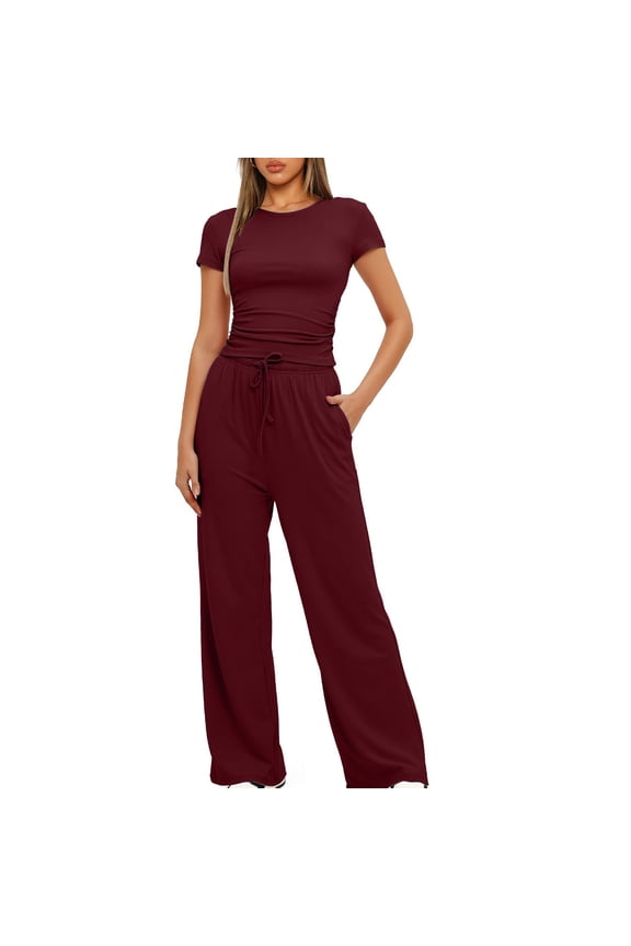 Women Vacation Outfits 2pc Fashion Woman Round Neck Solid Short Sleeve Blouse Long Pants Elastic Waist Sets Summer Travel Outfits Wine S