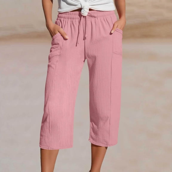 Women Vacation Wide Leg Capris Drawstring High Waisted Cropped for Women with Pocket Classic Pants Pink S