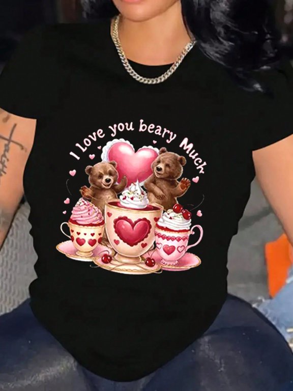 Women Valentine Bear T-Shirt Cotton Crew Neck Shirt Short Sleeve Tee For Daily Life