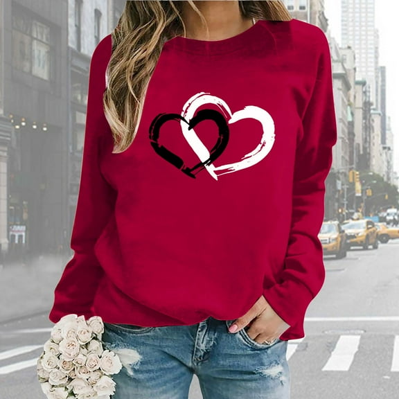 Women Valentine Day Long Sleeve Crewneck Sweatshirts Printed Lightweight Loose Blouse Top Polyester