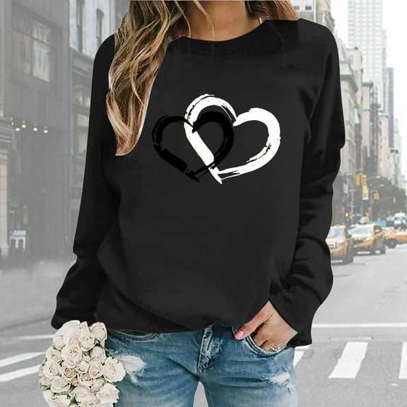 Women Valentine Day Long Sleeve Crewneck Sweatshirts Printed Lightweight Loose Blouse Top Polyester