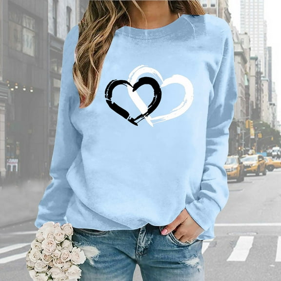 Women Valentine Day Long Sleeve Crewneck Sweatshirts Printed Lightweight Loose Blouse Top Polyester