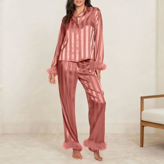 Women Valentine Heart Print Pajamas Set Satin Trim Long Sleeve Button Down Shirt Pants Loungewear