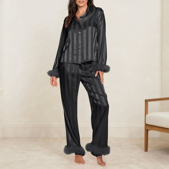 Women Valentine Heart Print Pajamas Set Satin Trim Long Sleeve Button Down Shirt Pants Loungewear