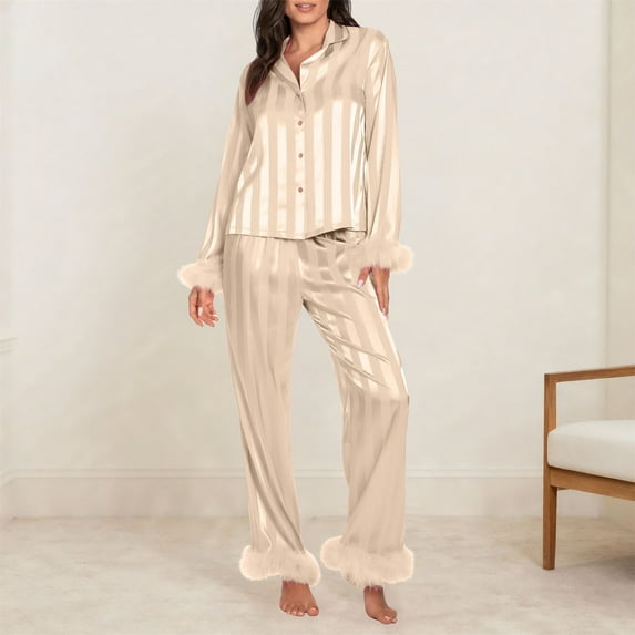 Women Valentine Heart Print Pajamas Set Satin Trim Long Sleeve Button Down Shirt Pants Loungewear