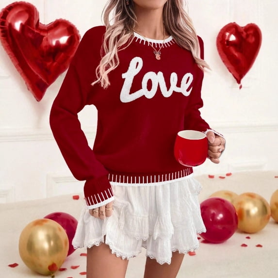 Women Valentine Knit Sweater Long Sleeve Crewneck Pullover with LOVE Letters Casual Warm Holiday Gift Tops