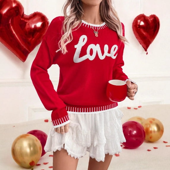 Women Valentine Knit Sweater Long Sleeve Crewneck Pullover with LOVE Letters Casual Warm Holiday Gift Tops