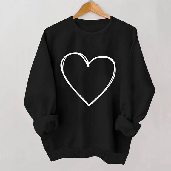Women Valentine Sweatshirt Long Sleeve Crew Neck Love Heart Graphic Pullover Tops Casual Loose Shirt Style B-1 Black XS