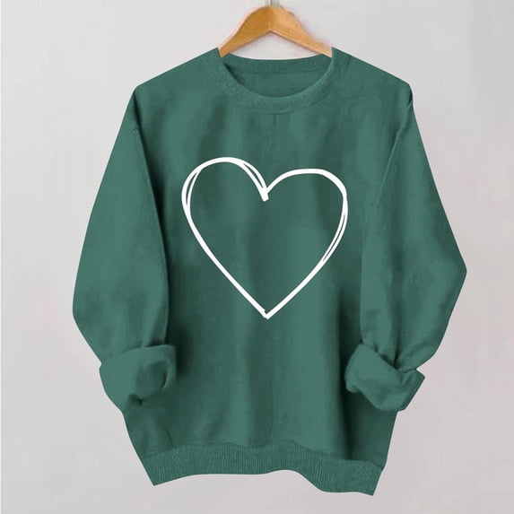 Women Valentine Sweatshirt Long Sleeve Crew Neck Love Heart Graphic Pullover Tops Casual Loose Shirt Style B-1 Green S