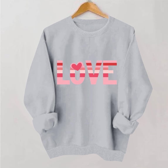 Women Valentine Sweatshirt Long Sleeve Crew Neck Love Heart Graphic Pullover Tops Casual Loose Shirt Style B-3 Gray S