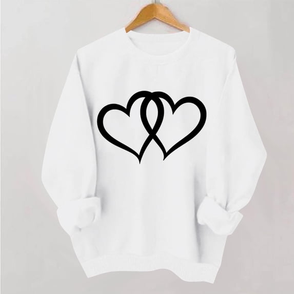 Women Valentine Sweatshirt Long Sleeve Crew Neck Love Heart Graphic Pullover Tops Casual Loose Shirt Style B-4 White XS