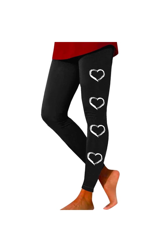Women Valentine's Day Leggings Casual Solid with Side Heart Print Trousers Slim Elastic High Wais Stretch Long Boot Pants A-Black XXL