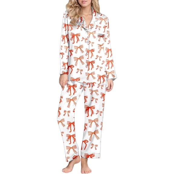 Women Valentine's Day Pajama Set Bow Tie Printed Long Sleeve Button Down Shirt Pants Feather Trim Pjs Sleepwear Sets Pjs Sets For Women Orange XXL