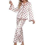 INEVNEN Women Valentine's Day Pajamas Set Long Sleeve Love Printed Satin PJ Sets Button-Down Pajama Sleepwear Loungewear
